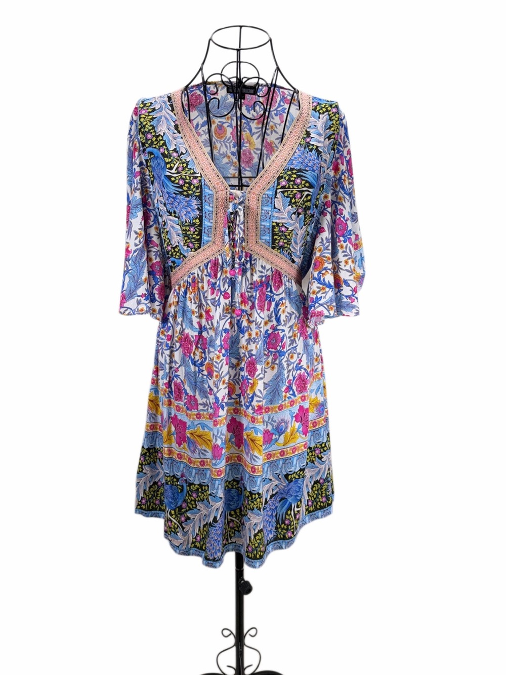 The Pyramid Collection Peacock Floral Boho Rayon Dress S